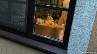watched his neighbor out the window when she came home from work and masturbated her pussy - porn video