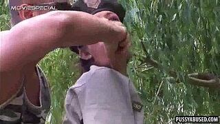 Stunning army babe sucking a rock hard cock outdoors - porn video