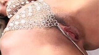 MILF in rhinestones fingers and toys her trimmed pussy - porn video